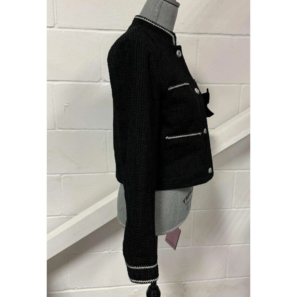 Avec Les Filles Tweed Crop Jacket Career Black Velvet Bow Trim Women’s Small NWT - Picture 10 of 16